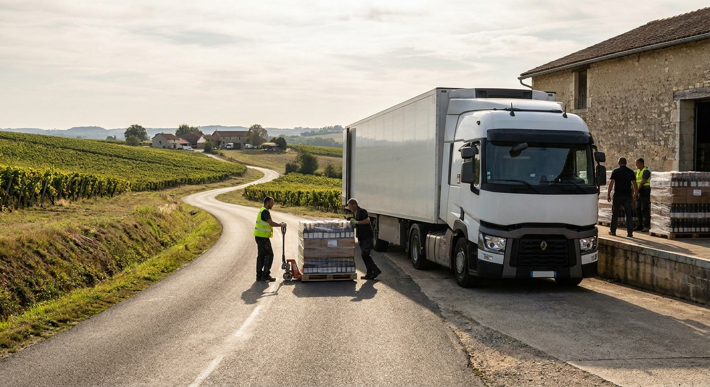 transport-produits-aoc-sud-ouest Camion transportant des produits AOC Sud-Ouest comme le vin et le foie gras en Nouvelle-Aquitaine